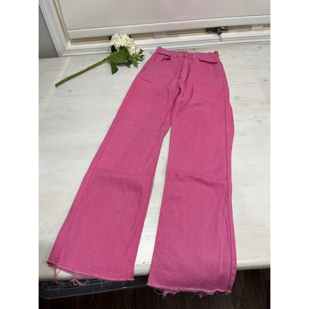 SHEIN Pink Wide Leg Jeans High Waist Frayed‎ Hem Raw Edge Size 25 Cotton